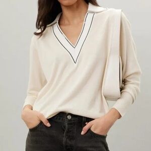 Sandro Alicia Cream V-Neck Sweater with Black Trim